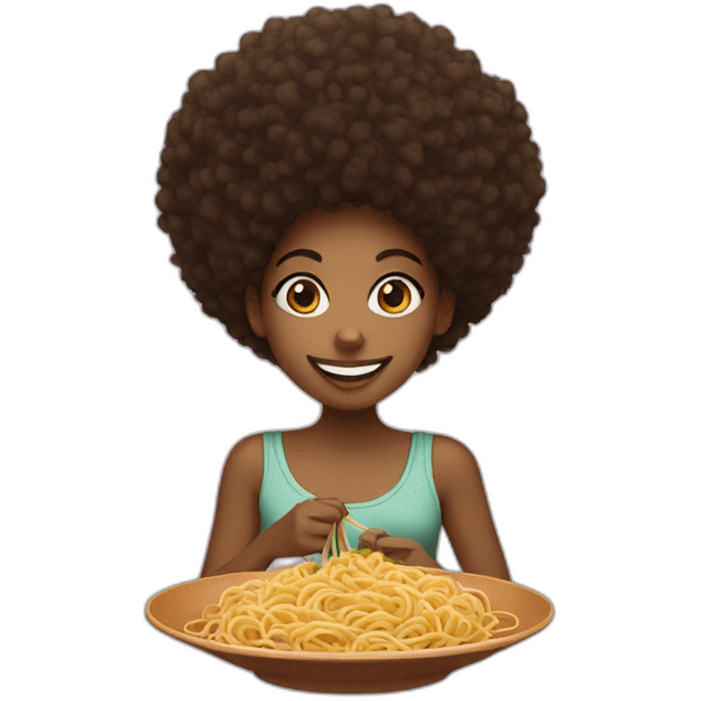 Black Girl with afro smiling and eating spaghetti emoji