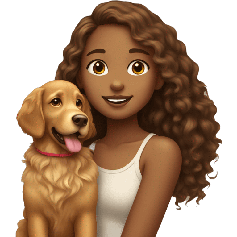 Tan skinned girl with  long brown curly hair with a golden retriever puppy emoji