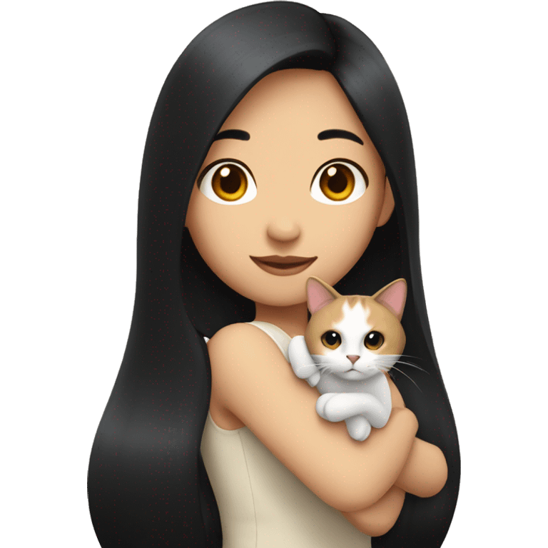 A long black hair Asian girl holding a calico cat emoji