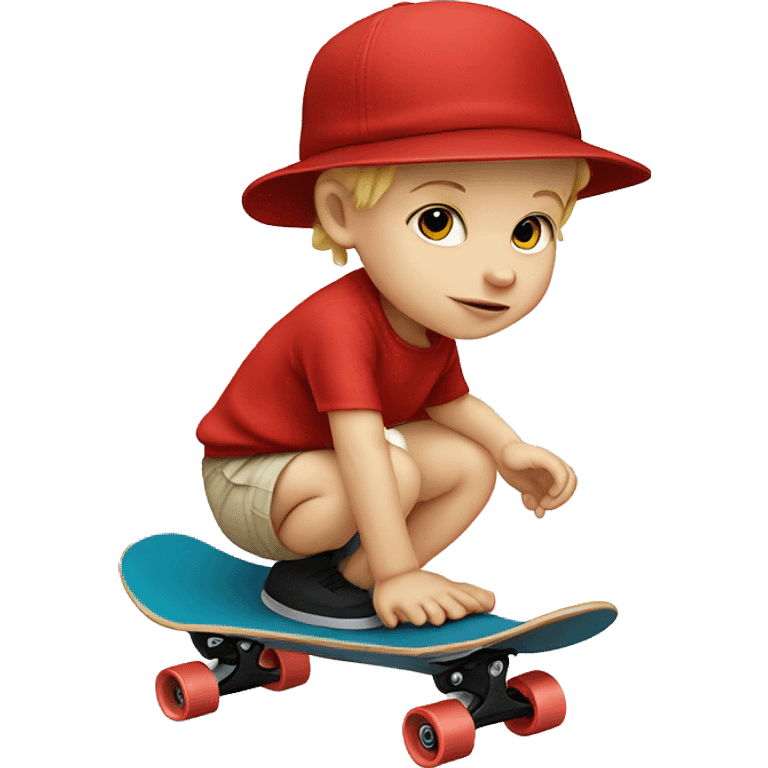 White baby boy wearing a red hat on a skateboard emoji