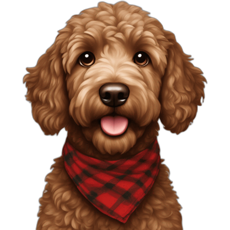 Chocolate brown colored golden doodle with a red and black flannel hankerchief emoji