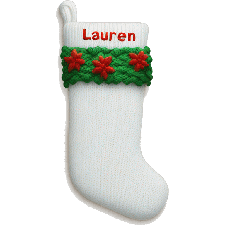 white knit christmas stocking with the name lauren written on it  emoji