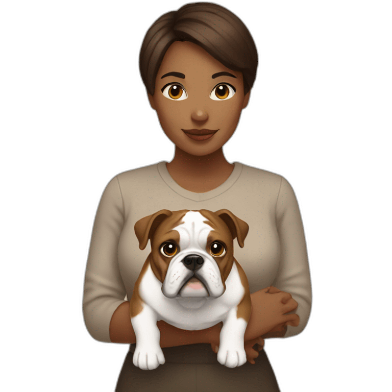 lady with brown short hair holding a english bulldog emoji