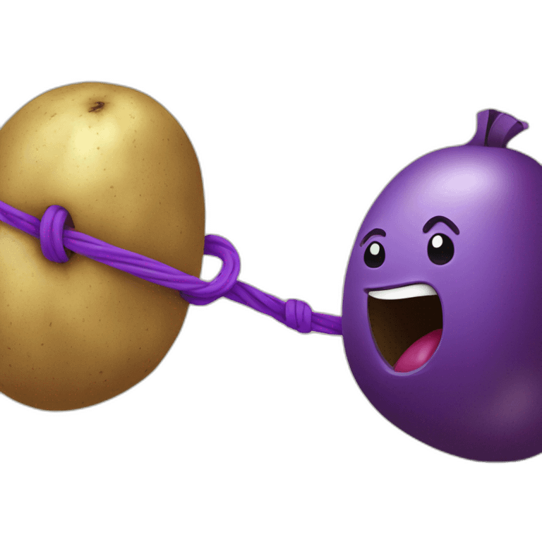 Potato and purple brinjal playing tug of war emoji