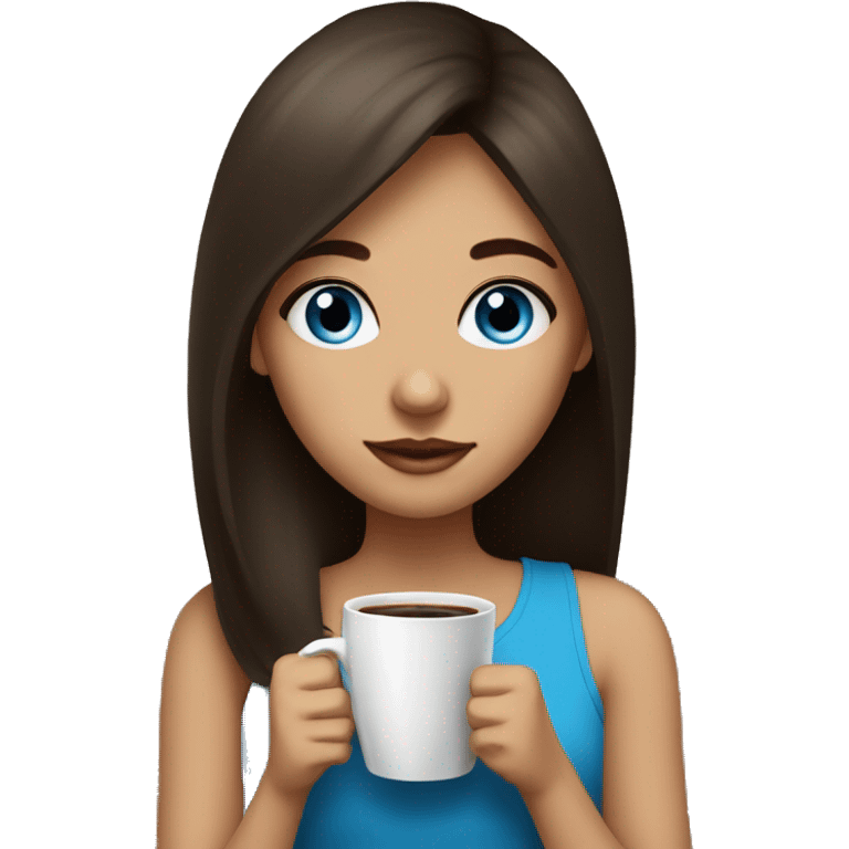 a girl with blue eyes with bangs on dark brown hair drinks coffee emoji