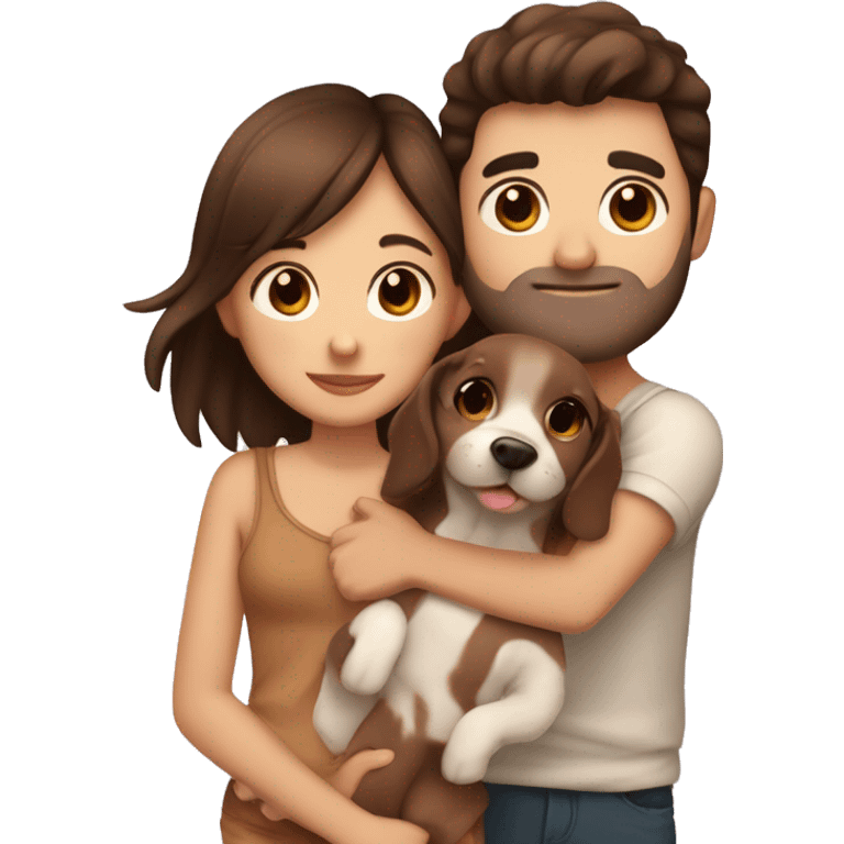 Brunette girl with brown eyes cuddleibg a small puppy and a man with brown hair and brown eyes emoji