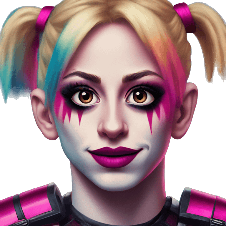 Synthwave Messi in Harley Quinn style, oil paint, mysterious eyes, intricate lips, masterpiece portrait, odd perspective, beautiful, desirable, logical emoji