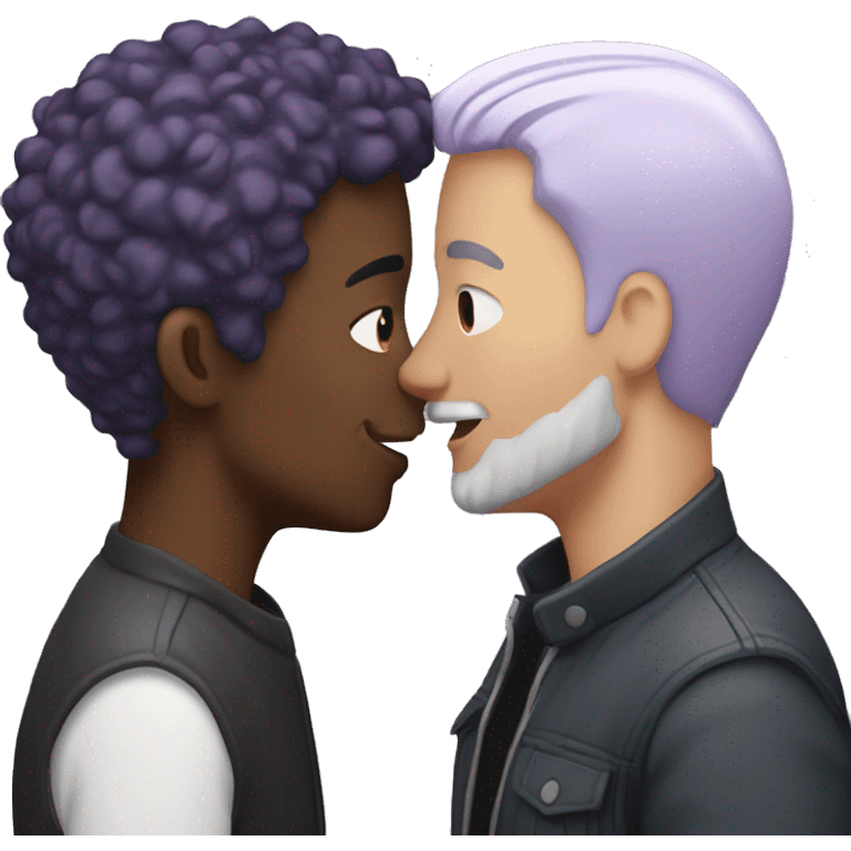 Two men kissing, one of the white with lavender hair and the other person is black with black hair  emoji