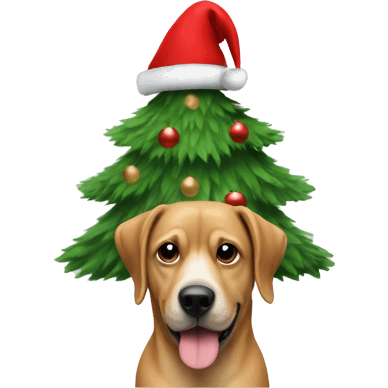 Christmas tree with a dog with Christmas hat next to it emoji