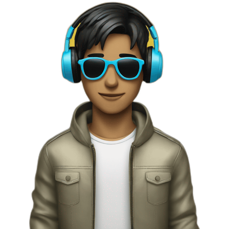 A stylish boy wearing headphones and sun glasses and in background music waves black hair emoji