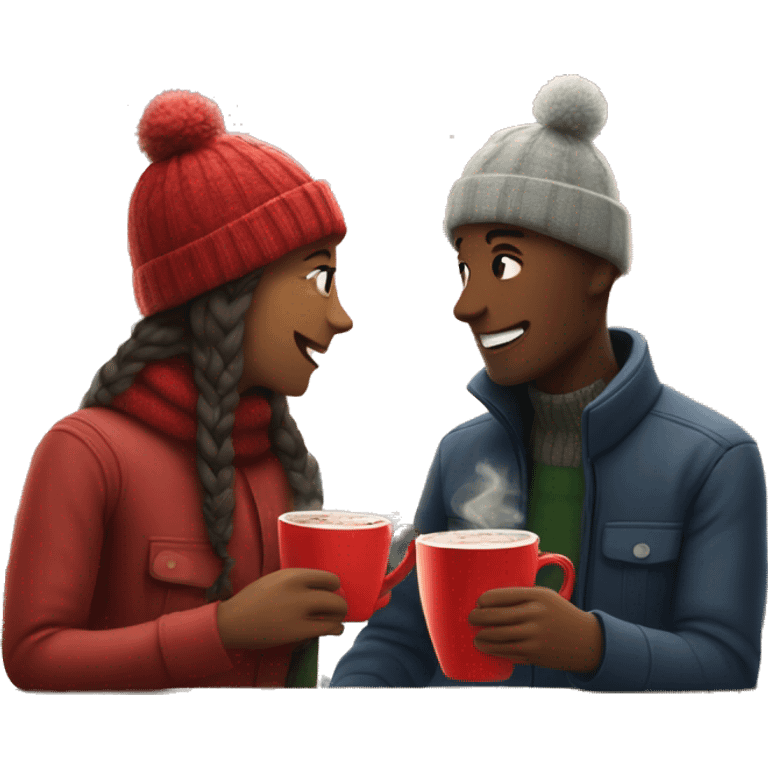 Couple drinking hot chocolate in cafe with Christmas tree  emoji