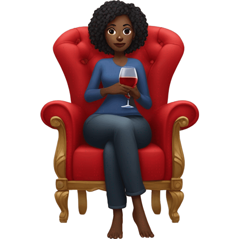 black girl sitting cross-legged on big red throne chair with one glass of wine in her hand emoji