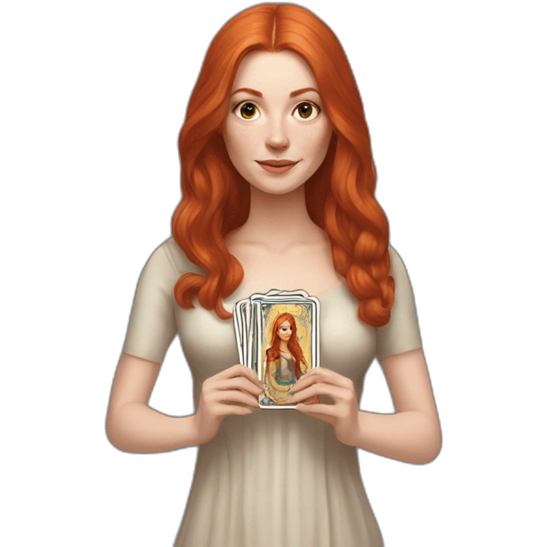 redhead white woman medium long straight hair, holding a tarot card in her hand emoji