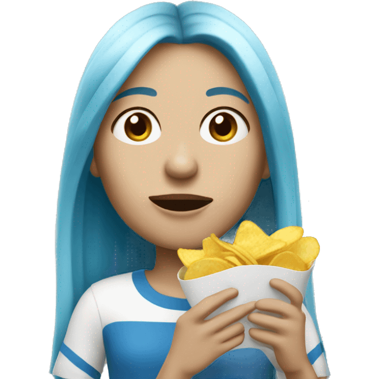 long blue hair white skin woman eating chips  emoji