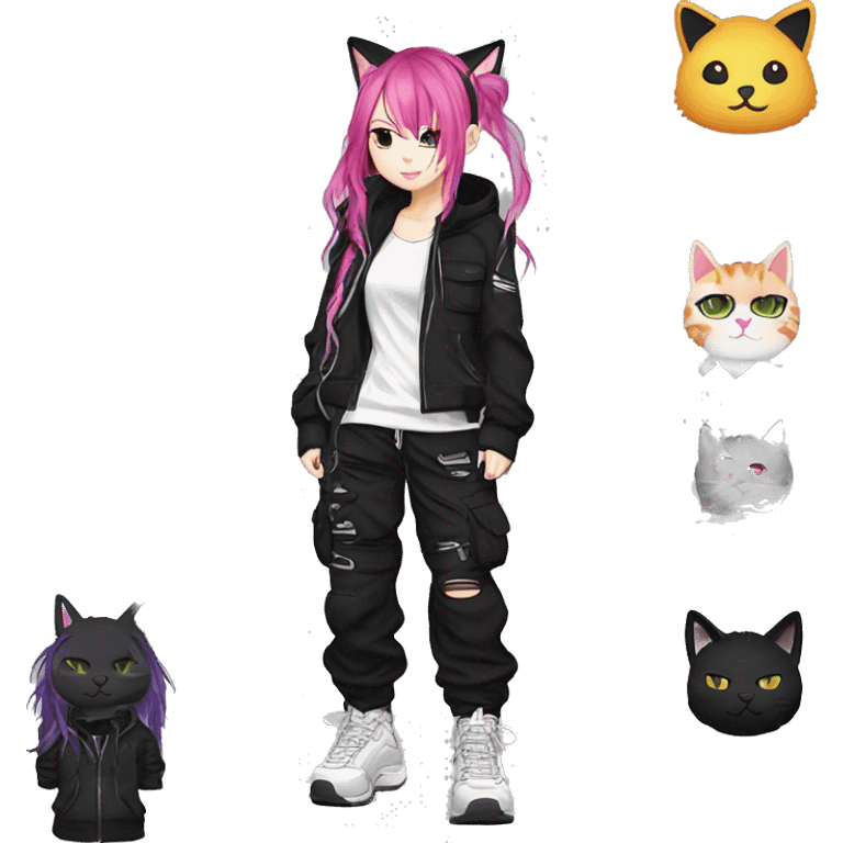 Edgy beautiful pretty anime punk tomboy with cat ears techwear cargo pants hoodie emoji