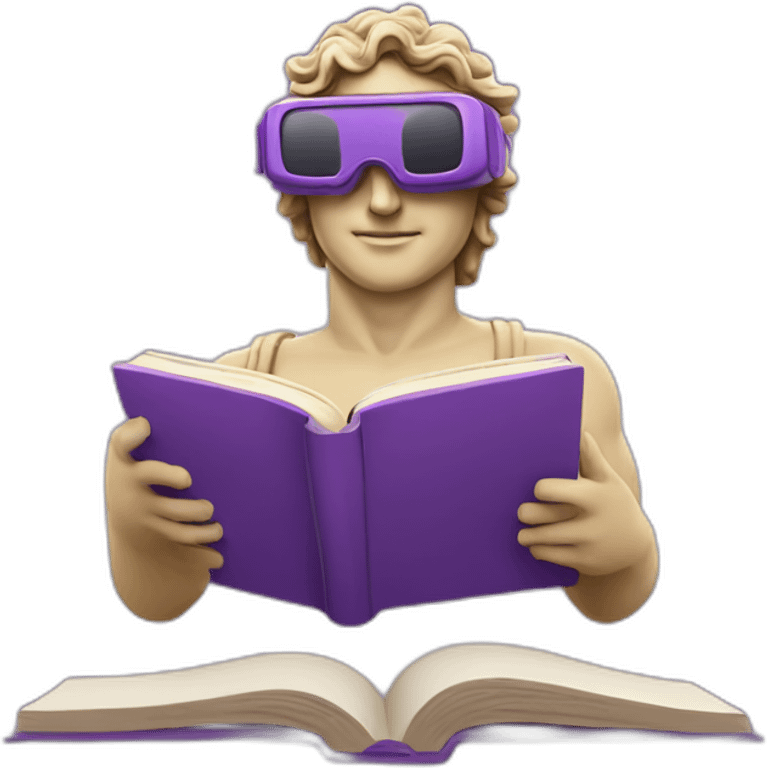 an EMOJI OF A ancient young greek statue reading a book, wearing VR glasses, purple colors, DIGITAL UNIVERSE emoji