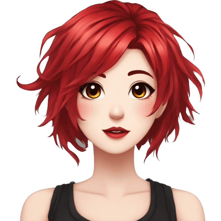 Gorgeous anime style lady with blushing face aesthetic and pretty edgy black red punk hair with hair garment trending style emoji