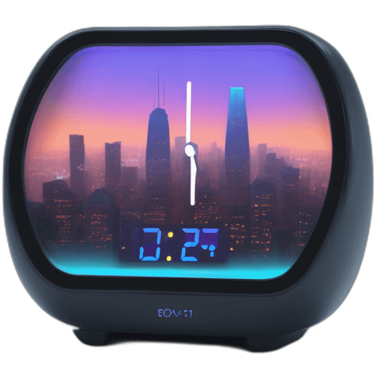 Illustrate a sleek, modern alarm clock with a holographic display, set against a backdrop of a futuristic city skyline. The clock should have a neon glow, emphasizing its high-tech nature. emoji