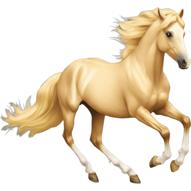 Yellow palomino horse with long flowing mane galloping with prosthetic leg, slender horse, solid yellow horse, running, galloping with prosthetic leg, pretty horse, horse with piebald foal emoji