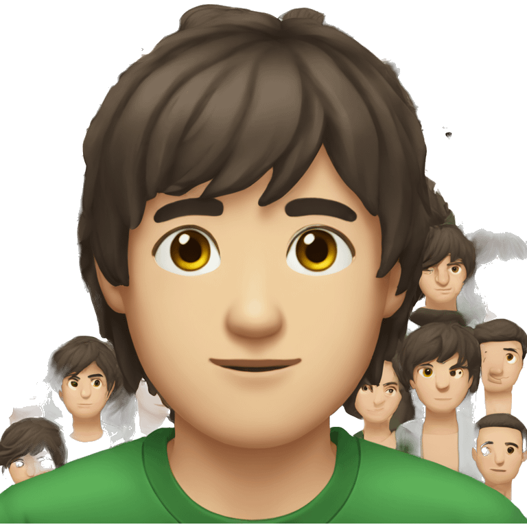 Young men type ukrainian dark brown hair straight bangs and long hair in back dark brown eyes greens hirt emoji