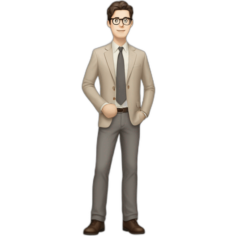 Full height Pale skinned Fit Man With dark brown hair in gray jacket, beige office shirt, tie, Brown pants and vintage glasses. Thrumbs of his palms directed up emoji