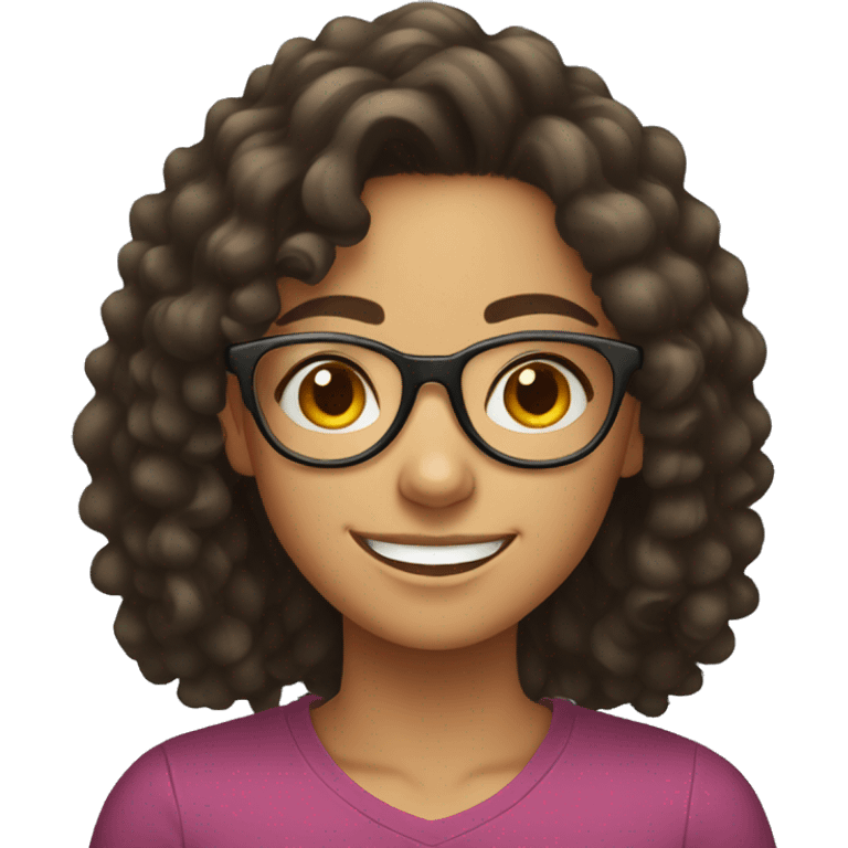 smiling brown teenager girl with long black curly hair and round glasses emoji