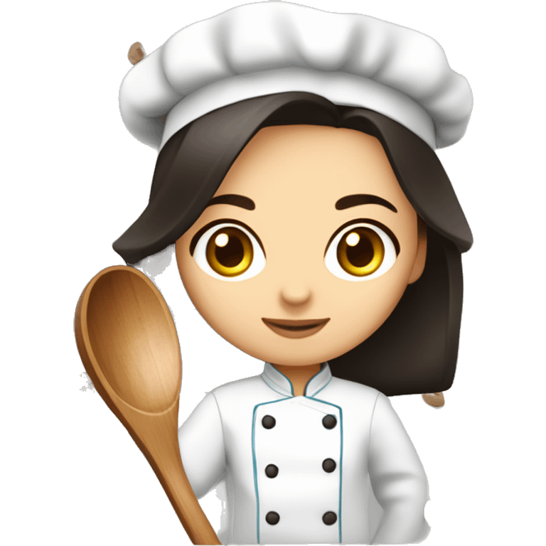 Uzbek cute female chef with dark shoulder length hair, dark brown eyes and a cooking wooden spoon in her hand and some basil in the other  emoji