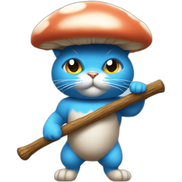 Strong muscles Blue cat NO ears  wearing a mushroom cap carrying a stick in one arm standing on two legs with pants emoji