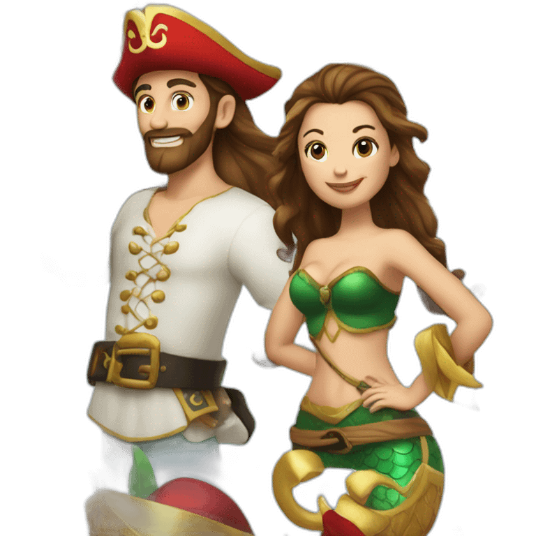 Brown haired mermaid and woman pirate in Santa’s sleigh emoji