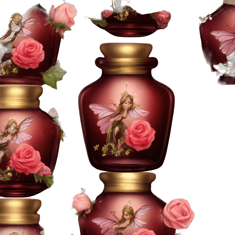 Dark red magic fairy sparkling old Antique oil perfume bottle with herbal and rose flowers emoji