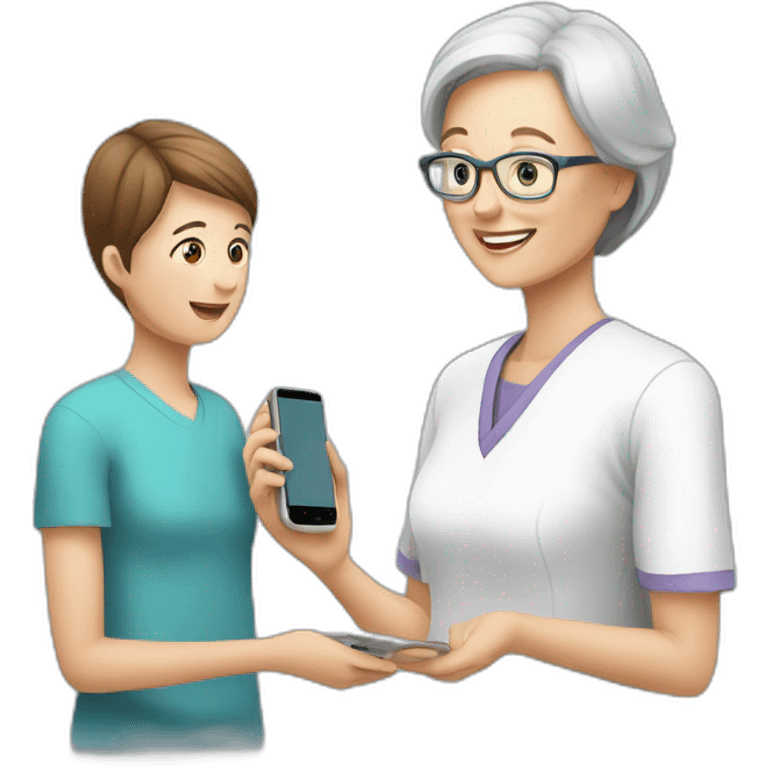 Patient adult child helping mother-in-law with technology emoji