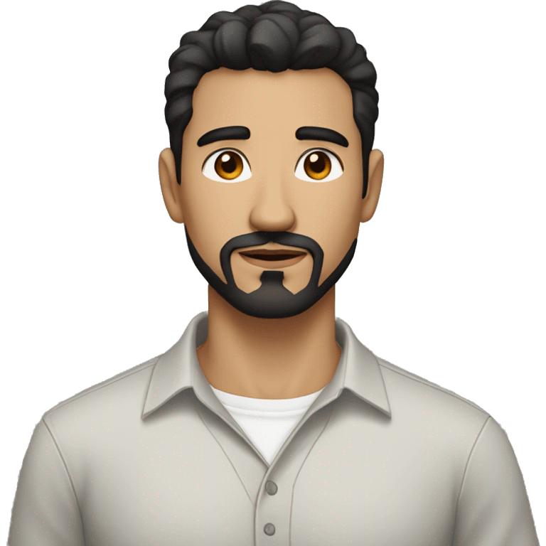 confident man, black hair, disconnected black goatee, white skin, brown eyes, wearing a light gray shirt emoji