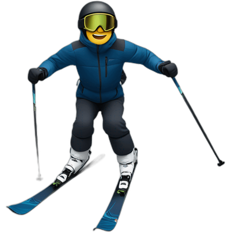 male skier wearing a black helmet, tinted visor glasses, a navy blue jacket, black pants with an eagle flying overhead emoji