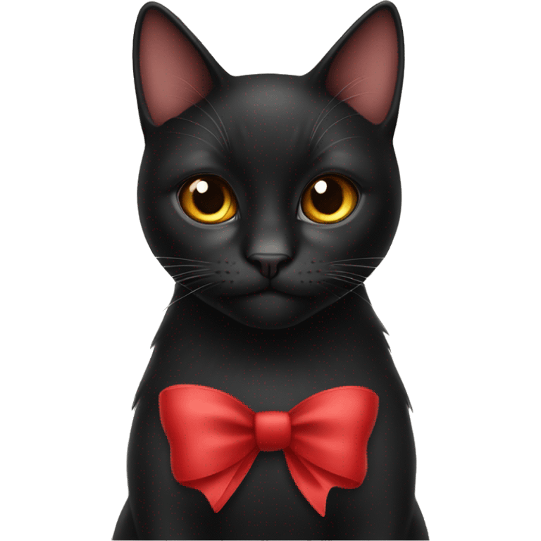 Black cat with brown eyes wearing a red bow on her neck emoji