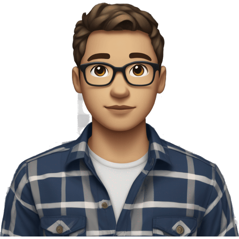 A young male teenager with facial stubble, thick black glasses, neatly trimmed short brown hair, exuding confidence, clad in a navy blue and white unbuttoned checked plaid short sleeve shirt. emoji