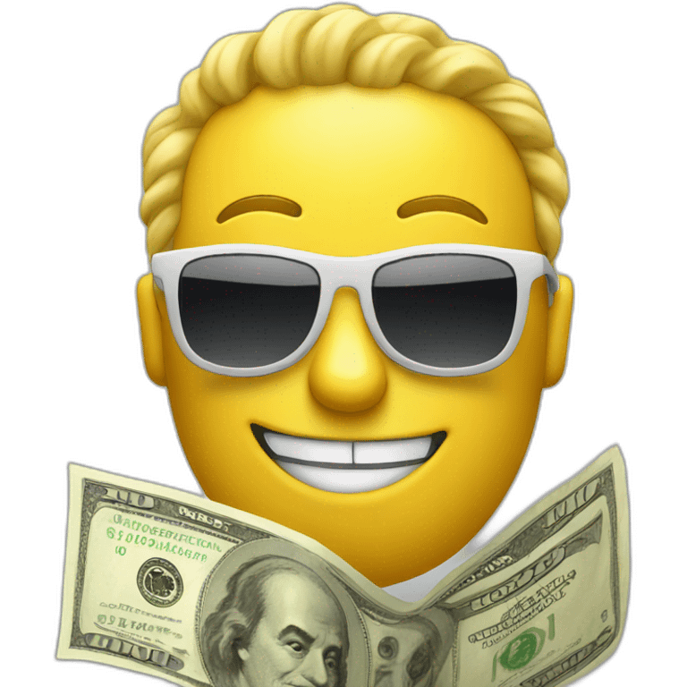 Yellow emoji with sunglasses and holding a 100 dollar bill  emoji