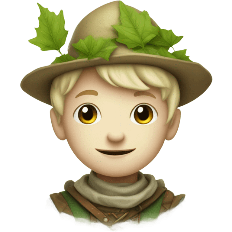 whimsical fairytale medieval pale boy who is tiny and wearing a leaf hat and big boots emoji