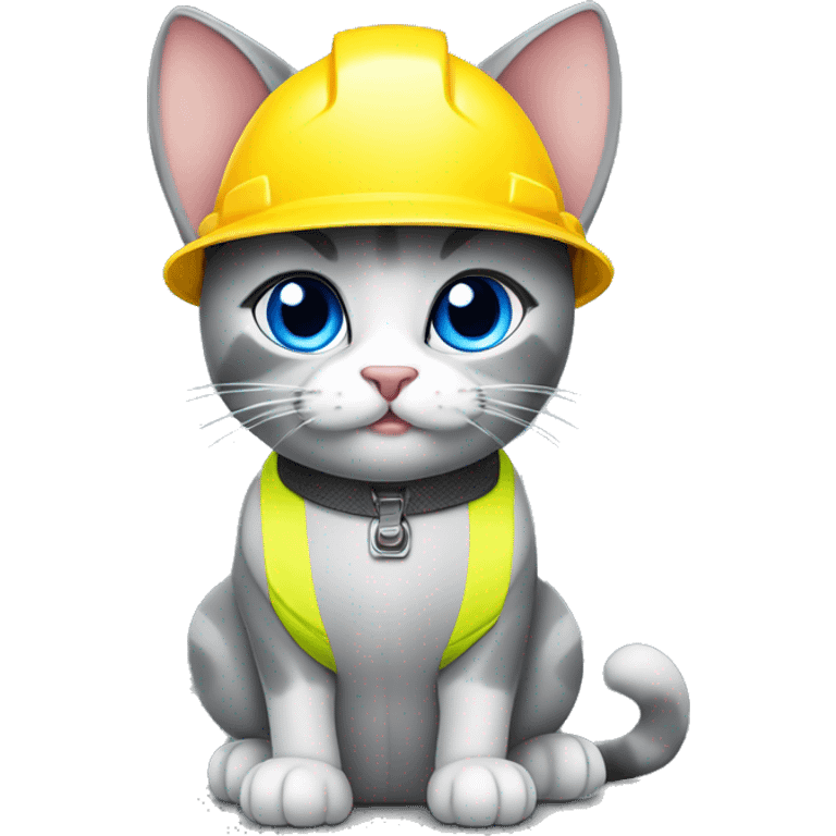 stray gray-cat blue eyes with yellow construction helmet and vest tools, transparent background emoji