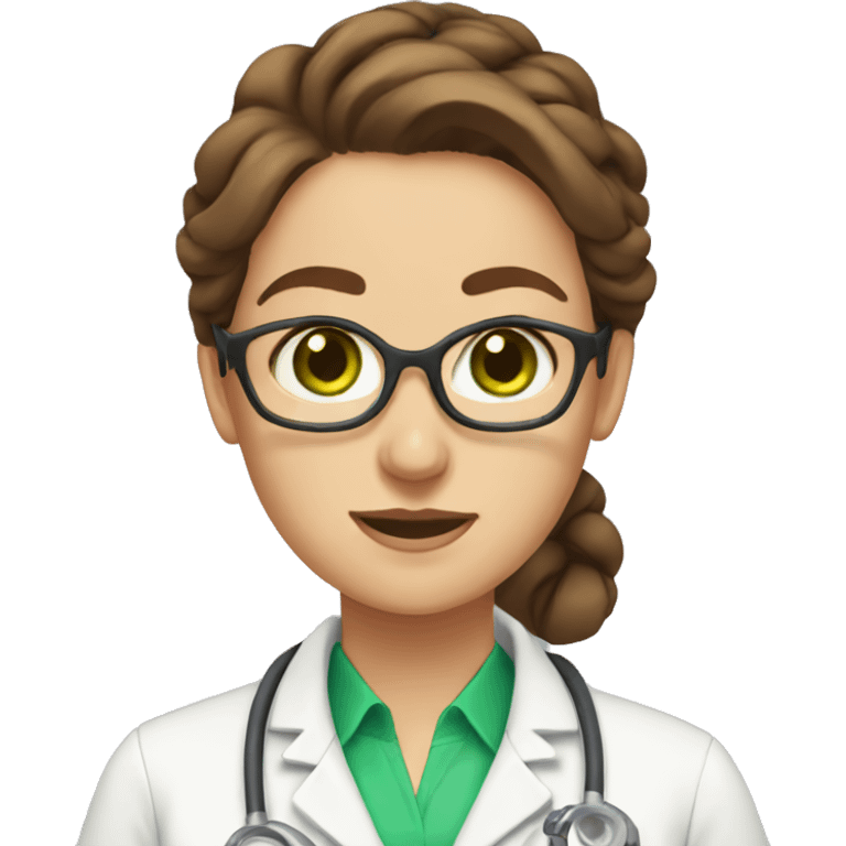 Female scientist with brown hair in a bun green eyes emoji