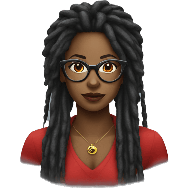 black woman with dreadlocks and red bayonetta glasses emoji