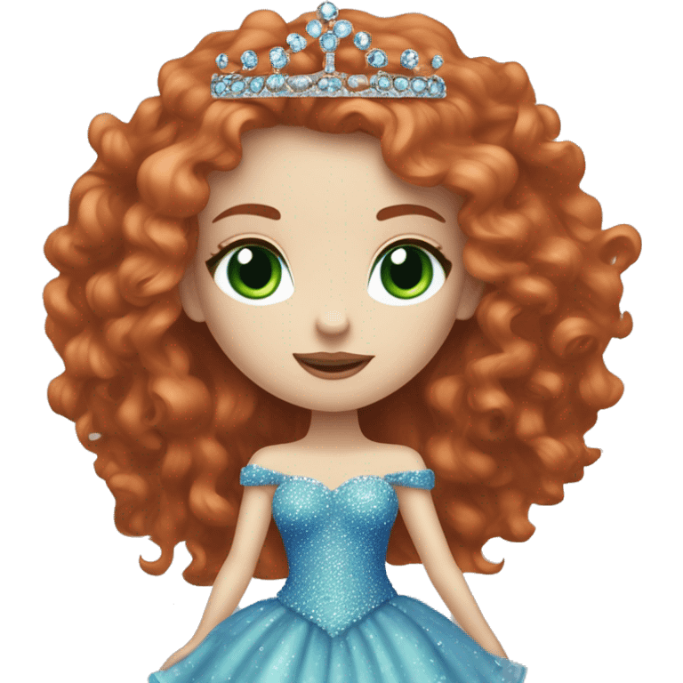  Red long hair curly girl, pale skin, white foundation, purple eyeshadow, with green eyes and a blue bedazzled dress with a small tiara on her head, with mascara on her eyes blue dress pale skin emoji