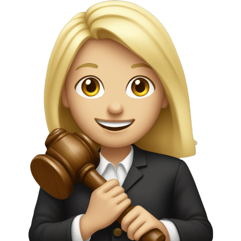 Blonde girl smiling holding small gavel emoji