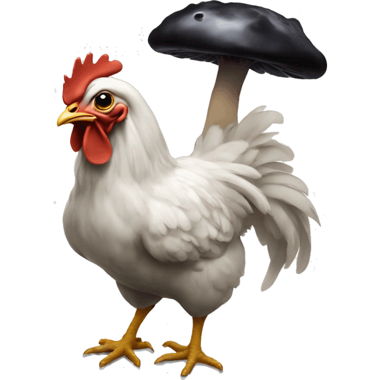 a chicken holding a black mushroom emoji