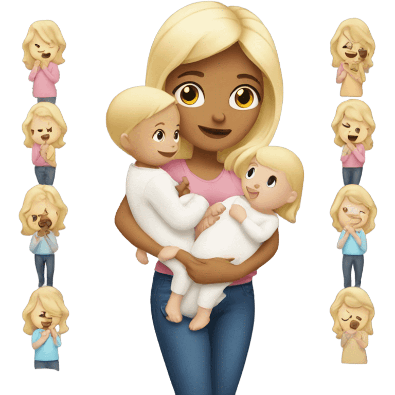 blonde woman holding three babies emoji