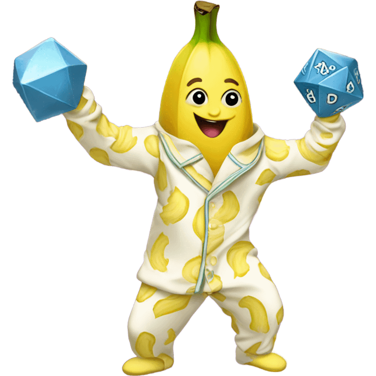 Banana in pajamas dancing and holding a d20 emoji