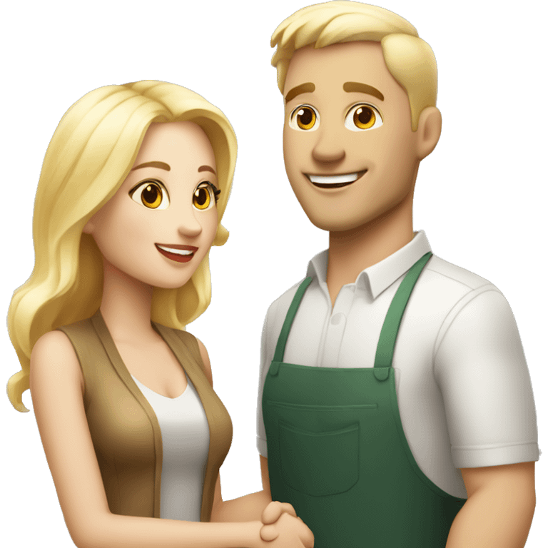 adult restaurant owner with white skin and blogger with white skin and blonde hair shaking hands in great detail and full height emoji