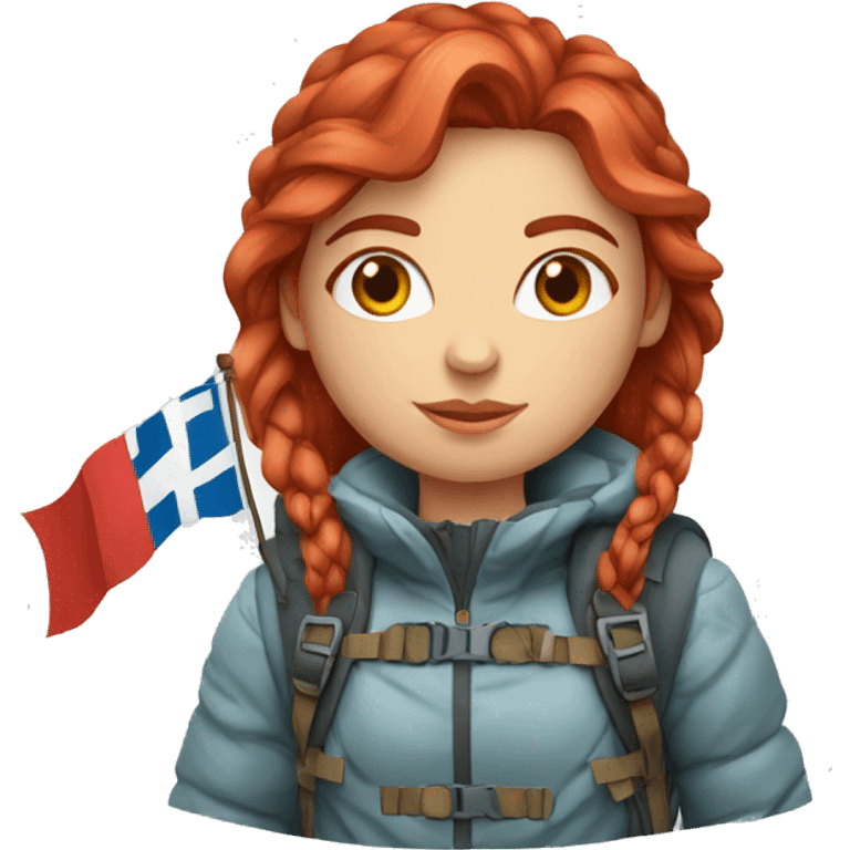 female winter mountaineer red hair holding easter egg red and greek flag emoji