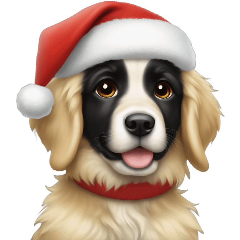 solid black fluffy puppy wearing red vest with white golden retriever wearing a santa hat emoji