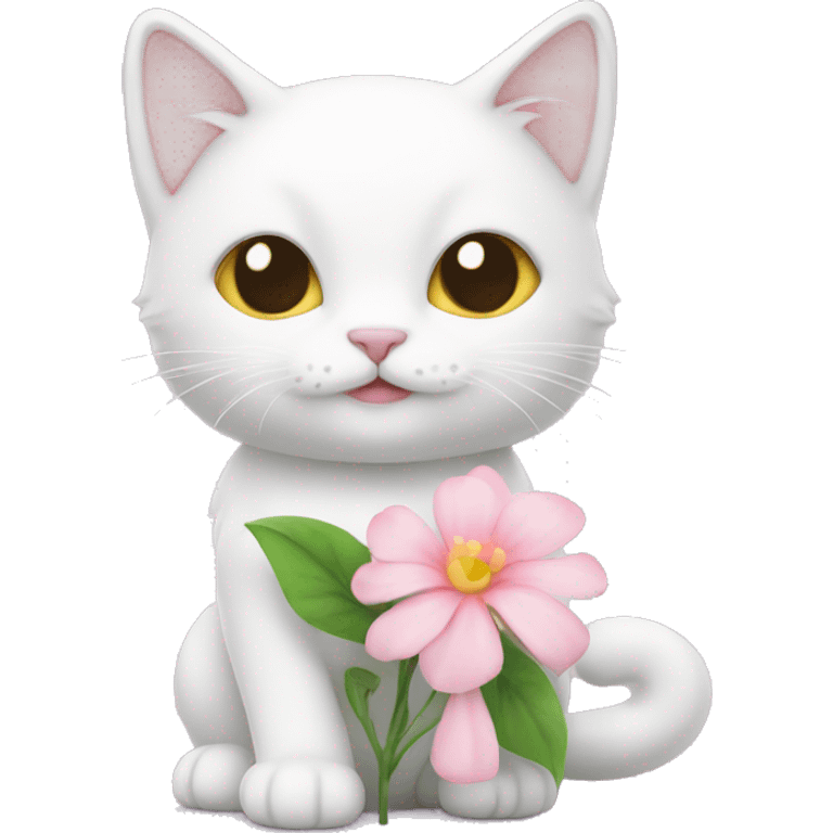 cute white cat holding light pink flower emoji