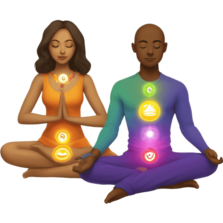 Light skin Man and woman lovers with 7 chakra symbols meditating emoji